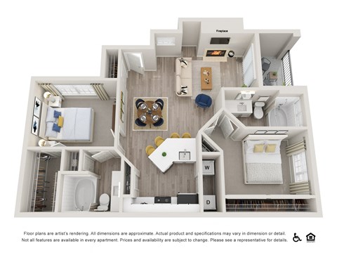 Floor plan for 2 beds, 2 baths, 942 sqft